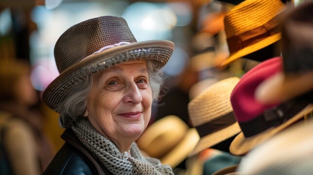 Senior woman smiling, trying on hats, in a shop with a variety of hats on display in the background.