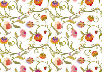 Fantasy flowers in retro, vintage, jacobean embroidery style. Seamless pattern, background. Vector illustration. - obrazy, fototapety, plakaty
