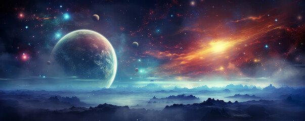 Space scene with planets, stars and galaxies. Panorama