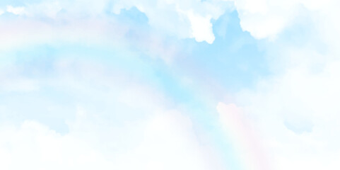 Soft clouds. Beautiful rainbow sky background. Blue rainbow sky with white clouds. Clear day and good weather. Vector illustration