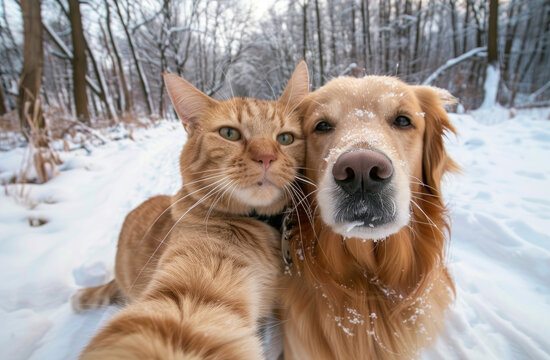 A brown tabby cat and golden retriever dog taking a selfie photo together, with happy expressions, against a snowy background