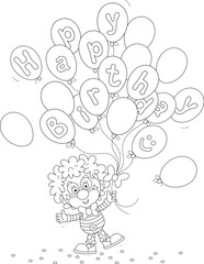 Happy birthday card with a funny circus clown and holiday balloons with letters, black and white vector cartoon illustration for a coloring book