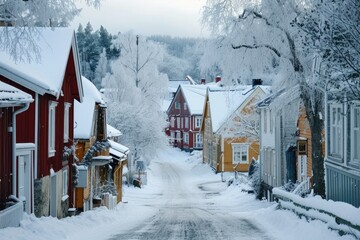A charming streetscape of a snow covered  village, snow scenery AI generated - obrazy, fototapety, plakaty