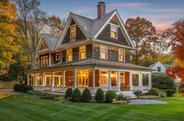 Fototapeta na wymiar A classic New England cottage with large front porch, surrounded by lush green grass and colorful fall foliage trees