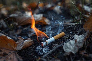 Close up of burning cigarette butt on forest ground with dry leaves risking fire - obrazy, fototapety, plakaty