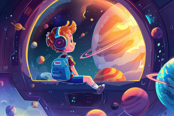 A cute little boy sitting in a space capsule, wearing headphones and a backpack on his back to watch a cartoon about space exploration