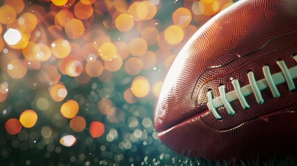 American football ball with blurred bokeh background. Dynamic sports imagery. - obrazy, fototapety, plakaty