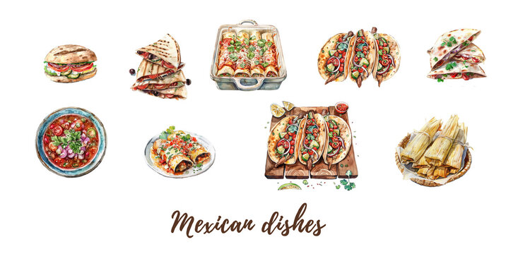 A hand-drawn watercolor illustration of mexican dishes. Mexican localties. High resolution png with a transparent background. Generative AI