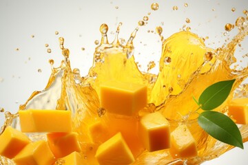 mango cubes in the air. falling, flying pieces of fruit with leaves and a splash of juice....