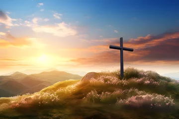 Foto op Plexiglas Christian cross on hill outdoors at sunset Crucifixion Of Jesus © Khalkha