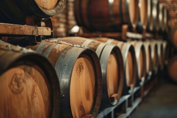 Wine barrels resting in the winery cellar. A rustic scene of craftsmanship and aging.