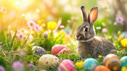 Fototapeta na wymiar Audubons Cottontail rabbit is hidden in the vegetation next to Easter eggs in its natural environment of grass and flowers AIG42E