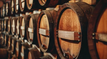 Fotobehang Wine barrels resting in the winery cellar. A rustic scene of craftsmanship and aging. © Uliana