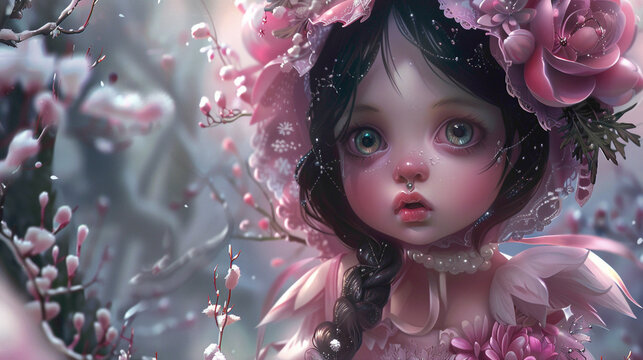 Lil beautiful and pretty blue eyes baby girl closeup view standing outside in snow with trees. pretty Doll baby girls in beautiful pink dress.