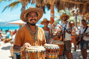 Fototapeta na wymiar Dynamic Latin Drummer at Beach Party with Palm Trees and Blue Sky