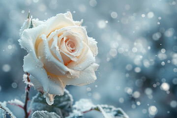 A white rose covered with snowflakes.