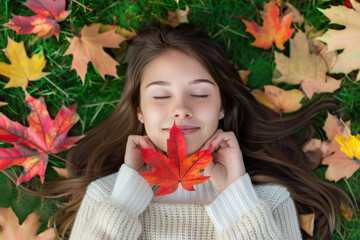 A girl in a white sweater lies on the grass among colorful autumn leaves, holding a red and yellow maple leaf close to her chest with closed eyes - Powered by Adobe