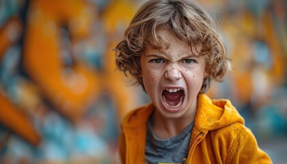 Expressive young boy with curly hair shouting, wearing a yellow jacket and showing anger on his face - obrazy, fototapety, plakaty