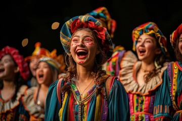 joyful diverse kids in colorful costumes on stage during a musical performance