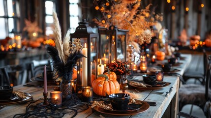 Fototapeta na wymiar Whimsical Halloween table decor with candles and roses, ideal for a magical themed event.