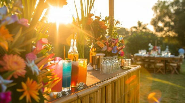 Outdoor tropical bar with colorful drinks at sunset, ideal for travel and lifestyle.