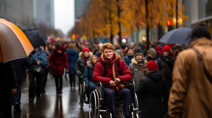 young man in a wheelchair strolling through the crowded street