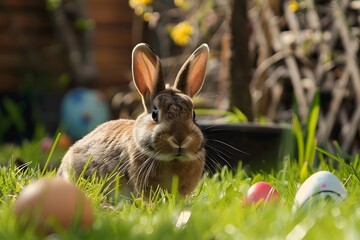 Fototapeta na wymiar Adorable Bunny Exploring a Lush Spring Meadow on a Sunny Easter Day