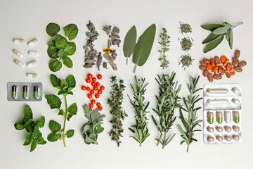 The Fusion of Nature and Science: Medical Herbs and Pharmaceuticals Arranged Together to Show the Balance Between Natural Healing and Scientific Treatment