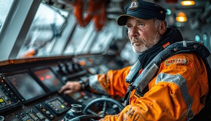 Portrait of a senior caucasian man in uniform at the helm of a ship.
