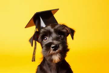 funny Scotch terrier puppy in a black graduate hat on a yellow background. a student, a schoolboy. a pet. - obrazy, fototapety, plakaty