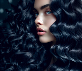 Fototapeta premium young woman with black and blue curly hair. concept of hair care, coloring, hair extensions.