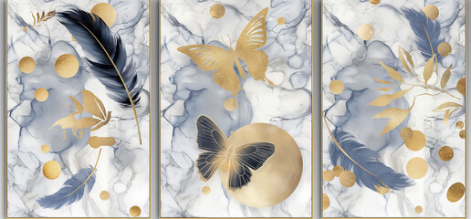 panel wall art, marble background with feather designs and butterfly silhouette, wall decoration	 - Powered by Adobe