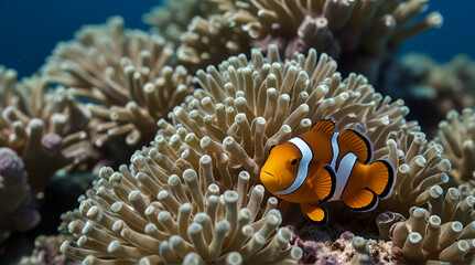 Naklejka na ściany i meble clown fish coral reef / macro underwater scene, view of coral fish, underwater diving.generative.ai