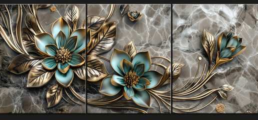 3 panel wall art, marble background flowers designs, wall decoration	 - obrazy, fototapety, plakaty