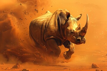 A rhinoceros charging across a dust storm on Mars a vision of power and adaptability in hostile environments - obrazy, fototapety, plakaty
