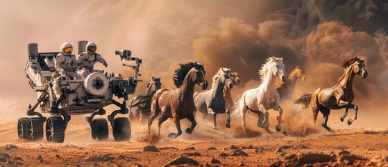 A scene of horses galloping alongside a Mars rover symbolizing the blend of exploration methods - obrazy, fototapety, plakaty