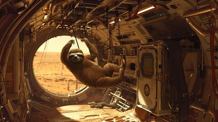 Naklejka premium A sloth hanging from equipment in a human habitation module on Mars illustrating the slow pace of space colonization