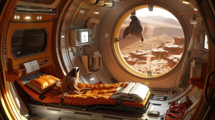 Naklejka premium A sloth hanging from equipment in a human habitation module on Mars illustrating the slow pace of space colonization