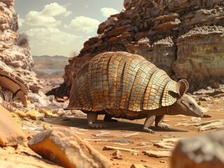 An armadillo rolling into a ball to navigate the rugged Martian terrain showcasing adaptive behaviors in new environments - obrazy, fototapety, plakaty