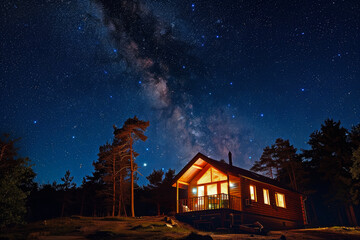 Eco-Friendly Cabin Illuminated Under a Starry Sky