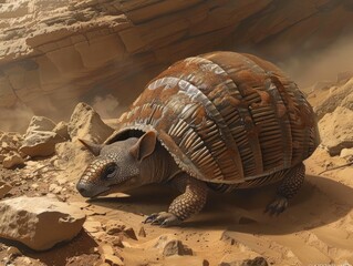 An armadillo rolling into a ball to navigate the rugged Martian terrain showcasing adaptive behaviors in new environments