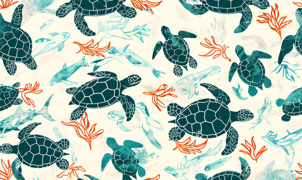 pattern of sea creatures and turtles in the style of  green on white background, Generative AI 