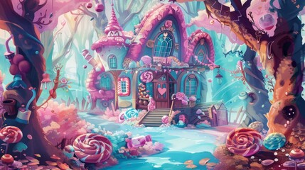 A whimsical watercolor illustration of a fantasy candy shop nestled in a chocolate forest, with a similar color scheme of pastel pinks and blues, complemented by vibrant candy accents.