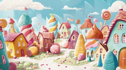 Pastel candy kingdom with whimsical towers and lollipop trees, perfect for children's fairy tales and playful designs. - obrazy, fototapety, plakaty