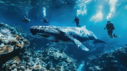 A group of scuba diving students under the surface of a coral reef in a tropical ocean with a big whale