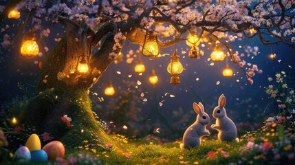 A rabbit is peacefully resting under a cherry blossom tree in a natural landscape at night, creating a serene and picturesque scene reminiscent of a painting AIG42E