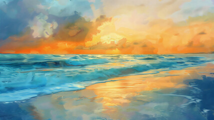 Obraz premium Serene beach sunset, Warmth, calm, soft light, golden glow, bright colors, tranquil shore, peaceful twilight, digital painting.