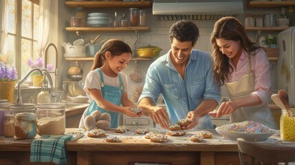 Overjoyed young family with little daughter doing bakery in kitchen together, happy parents enjoy weekend with small girl child baking biscuits pastries, making pie at home AIG42E