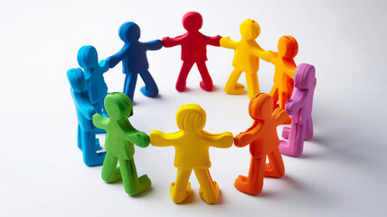 Colorful foam figures of people holding hands on a white background symbolize cooperation, support and teamwork.