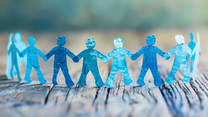 Blue paper figurines holding hands on wooden base symbolize cooperation, support, and teamwork, conveying unity and collaboration in a tangible form.